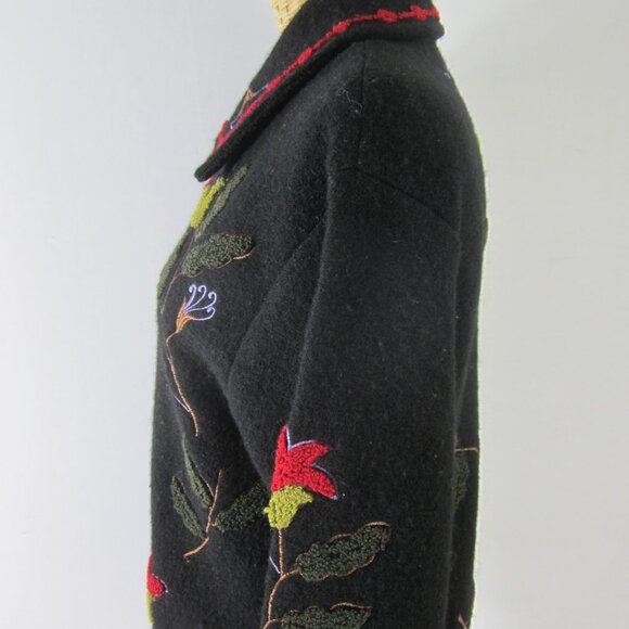 Tally Ho Womens S Black Boiled Wool Floral Full Zip Long Sleeve Jacket Cardigan - Picture 7 of 16